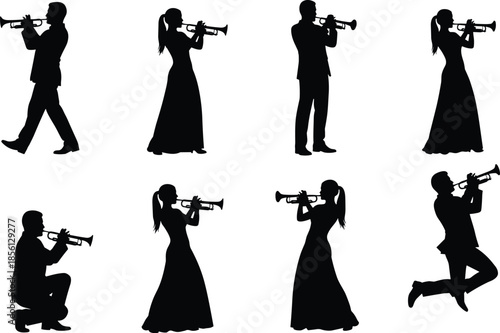 Trumpet player silhouettes, male and female musicians performing jazz music, concert performance poses, black white vector illustration set
