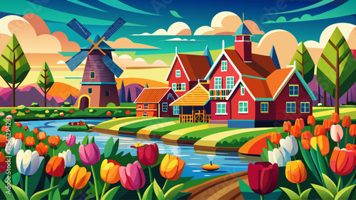 Very beautiful panoramic landscape combining vibrant tulip fields, traditional windmills, canals, and classic houses at Zaanse Schans, showcasing the iconic harmony of nature and heritage in the Nethe