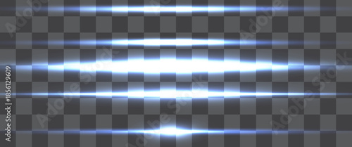 Glowing blue neon tube lamp set. Led light line beam collection. Bright luminous fluorescent bar stick lines. Shining cold color strip element pack to divide, separate, decorate. Vector illustration