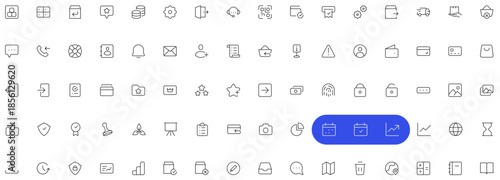 Collection of vector clean, outline icons for user interfaces, experience projects, mobile apps, fintech products. The scalable design ensures integration into user interface systems - part 2