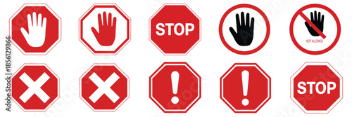 set stop red sign icon with white hand, do not enter, warning stop sign stock, vector illustration for traffic control, workplace safety, restricted access, and hazard prevention