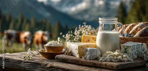 Fresh dairy products like milk, cheese sit on table. Cows graze in green mountain pasture under blue sky. Scene conveys natural, farm-fresh quality. Shows healthy food sourced from rural farms.