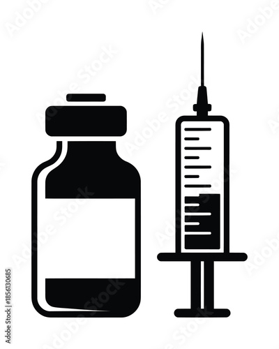 Medical injection syringe and vaccine bottle vector icon