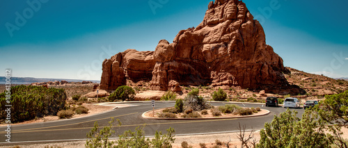 Beautiful summer landscape of Arches National Park featuring red rocks and desert scenery