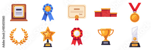 Awards icon set with trophies medals ribbons with award plaque, ribbon, certificate, crystal trophy, gold medal, laurel wreath, rosette ribbon, star, cup, winner podium