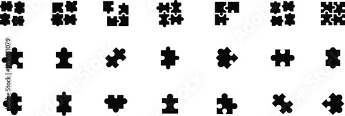 Jigsaw puzzle pieces of various shapes collection concept set for business game development and completing strategy tasks isolated vector illustration design set of pieces