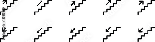 Staircase Icon Collection Ascending and Descending Steps for Navigation Guidance and Directional Signage Emphasizing Upward and Downward Movement in Architecture and Building Design