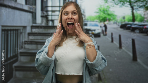Quadro su tela Woman wearing denim jacket over white shirt raises arms over her head on a busy street with open mouth; excitement