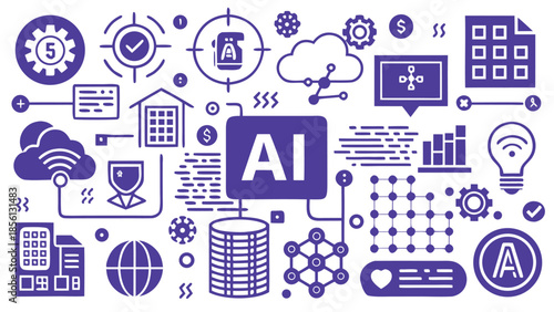 Purple AI technology concept with cloud data network and business icons