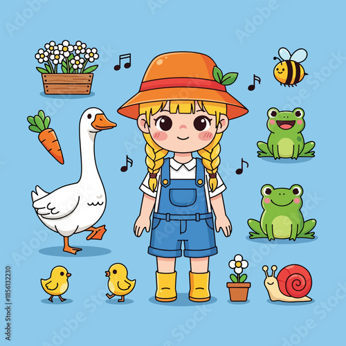 Adorable cartoon girl farmer in overalls and straw hat surrounded by farm animals.