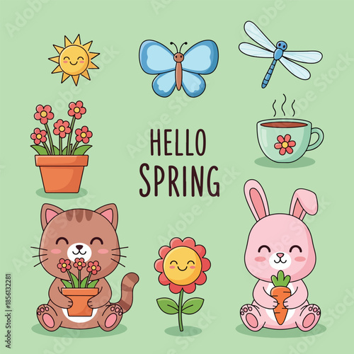 Adorable cartoon spring collection featuring animals flowers sun and a warm cup.