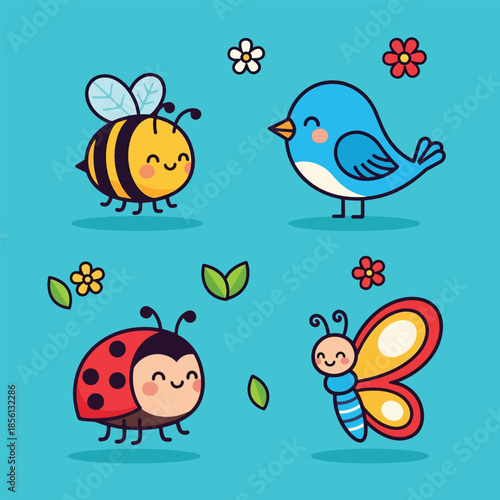 Adorable cartoon spring creatures bee bird ladybug and butterfly illustration with flowers.