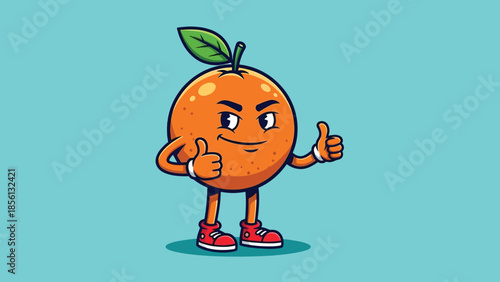 Confident cartoon orange fruit character giving double thumbs up.