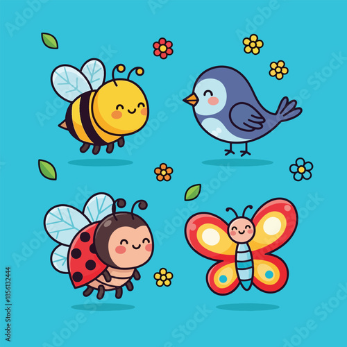 Cute Cartoon Bee Ladybug Butterfly and Bird with Flowers.