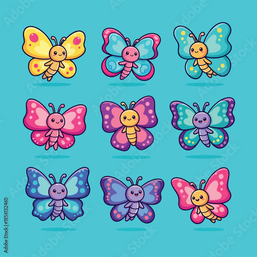 Cute cartoon butterflies with colorful wings and smiling faces.
