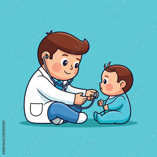 Cute cartoon doctor examining baby with stethoscope during pediatric checkup.