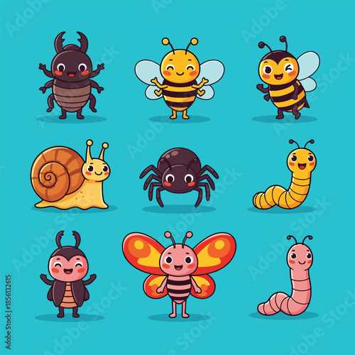 Cute cartoon insects and bugs collection with happy faces.
