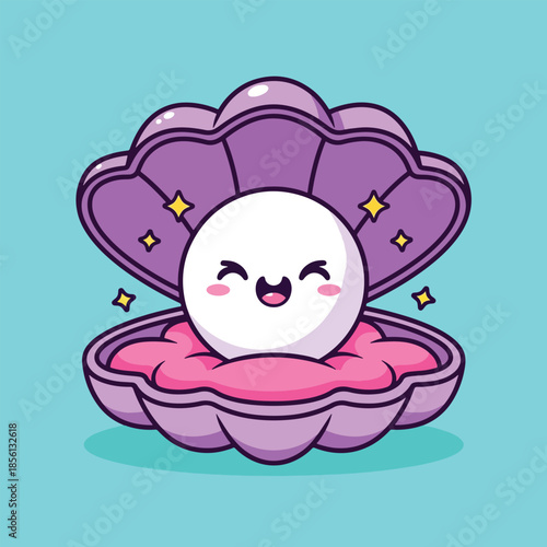 Cute cartoon pearl with happy face in open purple seashell.