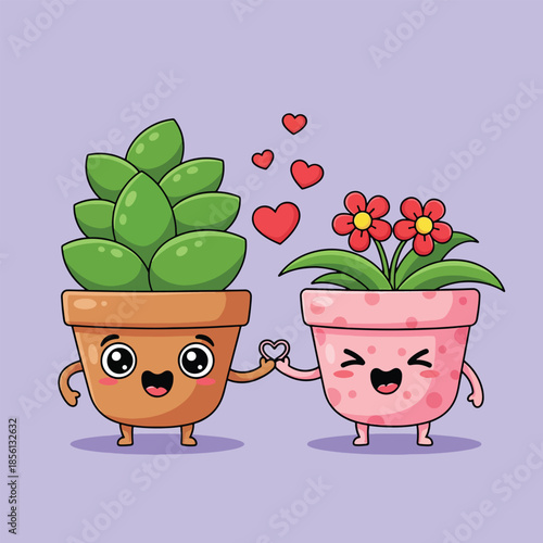 Cute cartoon potted succulent and flowering plant holding hands with hearts.