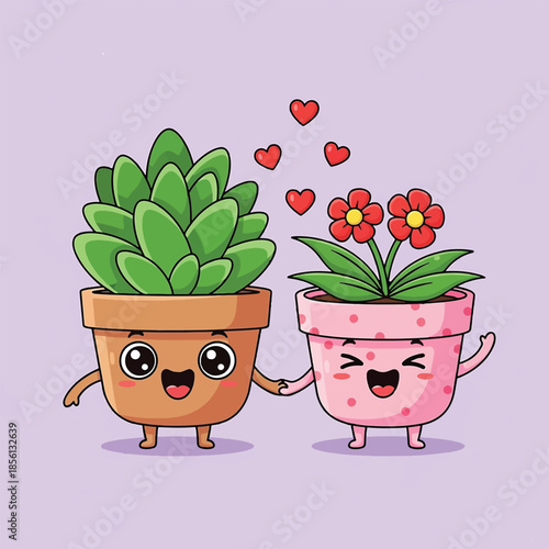 Cute Cartoon Potted Plants Holding Hands with Hearts.