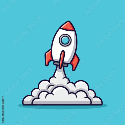 Cute Cartoon Rocket Launching with Smoke Clouds Illustration.