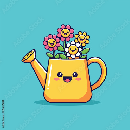 Cute cartoon yellow watering can character with happy colorful flowers.