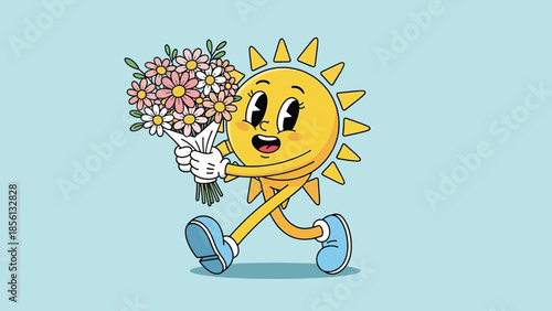 Retro Cartoon Sun Character Holding Vibrant Flower Bouquet.