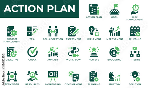 Action Plan and Project Management Icon Set. Vector Icons for Business Strategy and Goal Achievement.