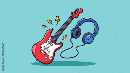 Vibrant red electric guitar and blue headphones with music lightning.