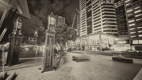 AUCKLAND, NZ - AUGUST 26, 2018: City buildings along the Waterfront at night