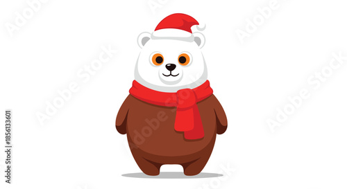 Adorable polar bear wearing a festive red santa hat and a cozy matching scarf celebrates the cold and snowy winter holiday season.