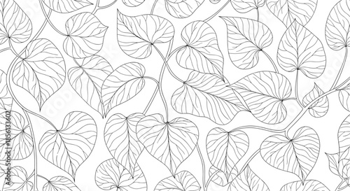 Intricate black and white hand drawn leaf pattern with elegant vine details creates a sophisticated botanical background for any design.