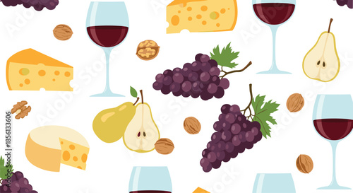 Gourmet still life pattern featuring glasses of red wine, cheese wedges, dark grapes, pears, and walnuts creates a rich visual theme.