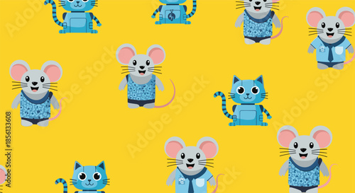 Cheerful seamless pattern of cute blue cat robots and white mice in shirts on a bright yellow background for children's designs.