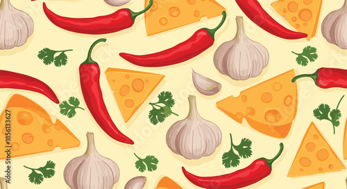 Spicy culinary pattern showcases vibrant red chili peppers, yellow cheese, whole garlic bulbs, and fresh cilantro sprigs on a warm background.