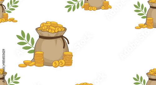 Prosperity themed pattern features brown sacks overflowing with gold coins and green leaves, symbolizing wealth, growth, and success.