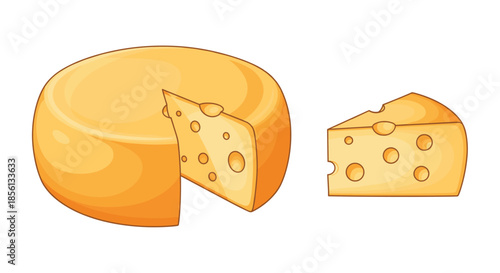 Large round yellow cheese wheel with a wedge removed and a separate slice next to it displays characteristic holes and a smooth texture.