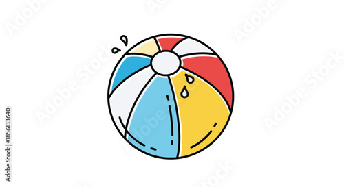 Classic inflatable beach ball with red, yellow, and blue panels is illustrated with water droplets, signifying summer fun by the pool.