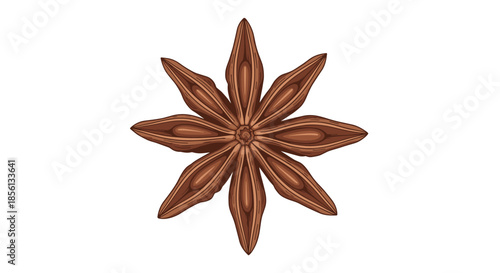 Detailed illustration of a star anise pod shows its characteristic eight pointed shape and warm brown color, perfect for culinary themes.