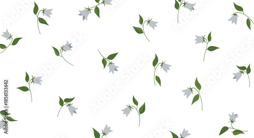 Charming pattern of small blue bellflowers with green leaves is scattered across a white background, creating a light and airy floral theme.