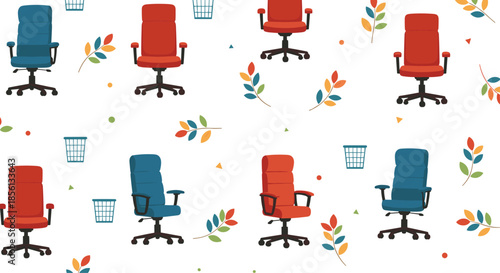 Modern pattern combines blue and red ergonomic office chairs with colorful leaf sprigs and geometric shapes on a clean white background.