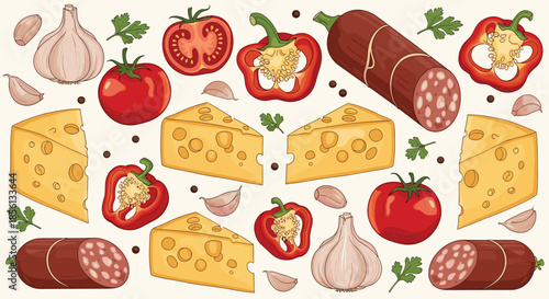 Appetizing composition of sliced salami, cheese wedges, ripe tomatoes, garlic bulbs, and bell pepper halves creates a delicious food theme.