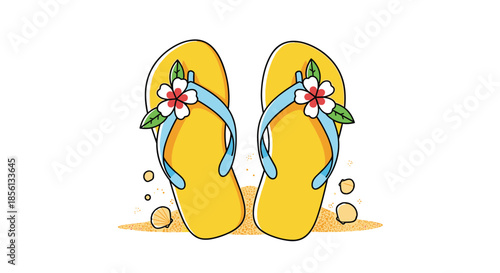 Bright yellow flip flops with flower decorations rest on a small patch of beach sand with seashells, evoking a sunny summer holiday mood.