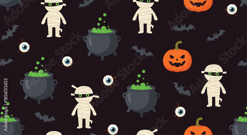Spooky Halloween pattern on a black background features cute mummies, orange pumpkins, bubbling green cauldrons, bats, and floating eyes.