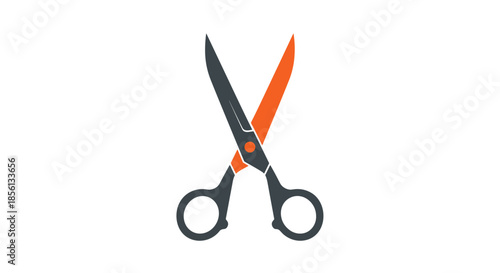 Sharp pair of black and orange scissors is shown in an open position, representing cutting, tailoring, crafting, and office supplies.