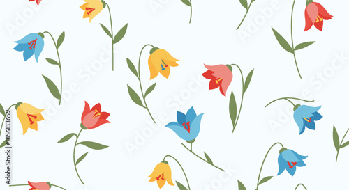 Vibrant pattern of red, yellow, and blue bellflowers with green leaves is spread across a pale blue background for a cheerful spring theme.