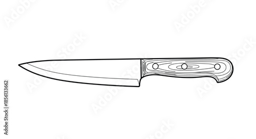 Detailed illustration of a professional kitchen knife with a wooden handle highlights the texture of the blade for high quality tools.