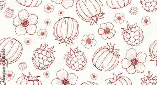 Exquisite botanical pattern in a monochrome red tone features detailed raspberries, flowers, and foliage on a soft cream background for style.
