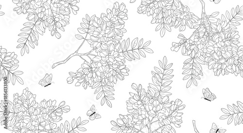 Elegant black and white line art seamless pattern featuring leafy branches and flying butterflies on white background.
