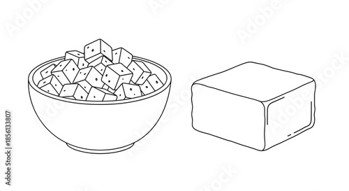 Minimalist line art illustration of bowl filled with tofu cubes and single large block of tofu on white background.